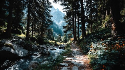 Fototapeta premium Sunlight Sparkles in Primeval Forest, Pine Scented Healing Nature Panorama