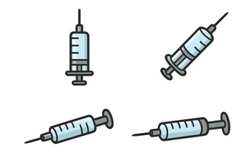 Syringe vector set, medical injection icons, cartoon style syringe illustrations with transparent background, vaccination, immunization tool, healthcare, medical equipment, injection needle concept
