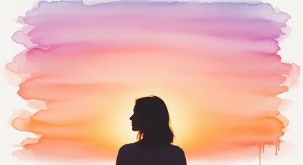 Silhouette of a woman standing against a vibrant sunset sky watercolor wash. Concept of hope, contemplation, and new beginnings for spring or summer.