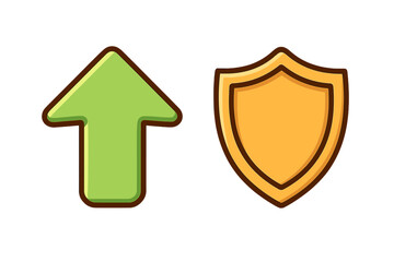 Arrow up and shield icon set for security and growth concepts. Vector cartoon illustration for web interface, posts, and ads. Protection, safety, and progress symbols.