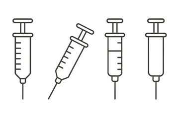 Set of four syringe outline vector illustrations, linear medical injection icons, vaccine and health care design elements, transparent background for graphic design, apps, adverts, and cards