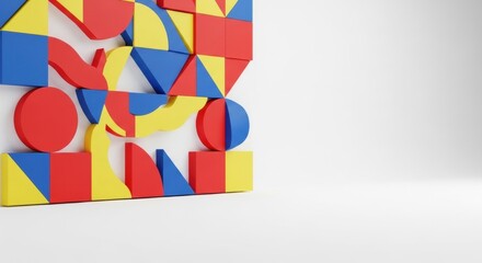 Colorful abstract geometric shapes puzzle with red, blue, and yellow elements. Creative construction and educational toy concept for development.
