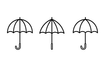 Set of three umbrella icons, parasol and bumbershoot vector graphics, editable stroke cartoon illustrations for designs, books, adverts, app backgrounds, transparent