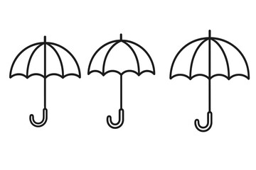 Umbrella icon set illustration, parasol and bumbershoot vector graphics, editable stroke design for apps, books, adverts, cartoon style transparent background, collection of three