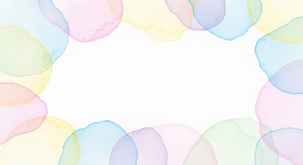 Watercolor bubbles in pastel colors creating a playful frame on white background for greeting card design. Abstract artistic shapes for kids poster.