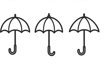 Umbrella icon set vector illustration, parasol and bumbershoot symbols for graphics, design, apps, adverts, books, simple flat black outline cartoon style, transparent background