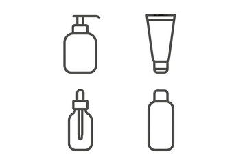 Cosmetic icons set. Minimalistic linear sign for beauty design. Skincare product packaging. Cream tube, lotion dispenser, serum dropper, shampoo bottle. Vector line art.