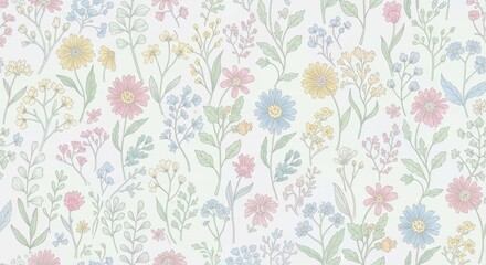 Pastel color floral pattern with hand drawn field flower and leaf. Delicate spring flower seamless print for fabric, wallpaper, or greeting card.
