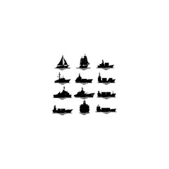 Print Warship navy silhouettes set, large pack of vector silhouette design, isolated white background. 