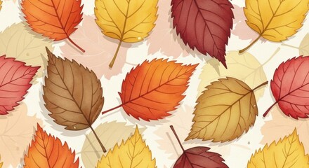Colorful autumn leaves pattern on white background. Fall season themed design for greeting card, banner, or promotional material.