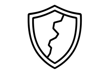 Cracked shield icon. Concept of vulnerability, data breach, security risk, unprotected system, danger, and attack. Vector line art illustration. Simple outline symbol.