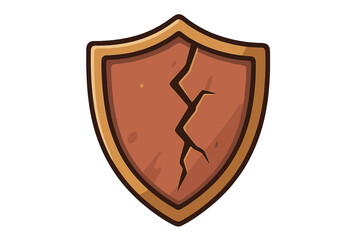 Broken shield icon representing failed security and vulnerability. A cracked defense symbol. Damaged protection pictogram for a game interface or web design. Vector cartoon logo.