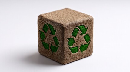 A textured cube features a green recycling symbol on its sides, representing sustainability and eco-friendliness, ideal for marketing materials, educational content, or environmental campaigns,
