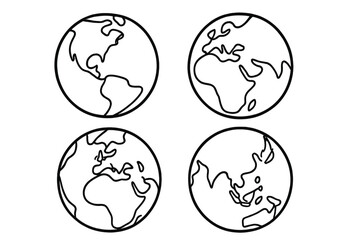Set of four planet Earth globes line art icons. Simple world map outline symbol showing continents America, Europe, Africa, Asia. Global vector illustration for web design.