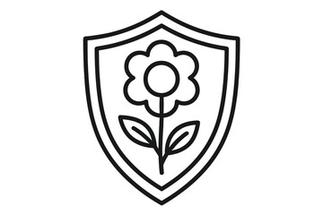 Nature protection icon. Flower inside shield emblem. Concept of environmental safety, security, and eco-friendly growth. Vector outline logo for web, apps, and design.