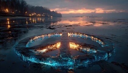 A glowing peace symbol embedded in a frozen lake, ethereal and cold