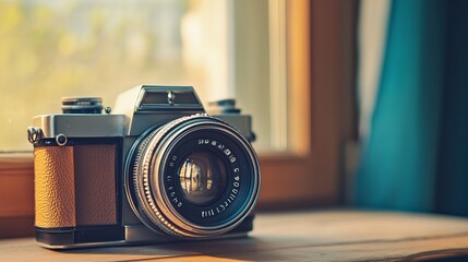 Vintage camera sits on windowsill, bathed in sunlight