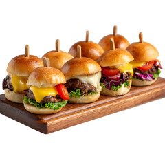 Assortment of delicious mini burgers and sliders with fresh toppings served on a wooden board for a party or gathering