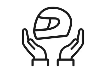 Hands holding helmet icon. Concept of motorcycle safety, protection, and insurance. Biker and motorsport road safety symbol. Vector outline logo for apps and web design.