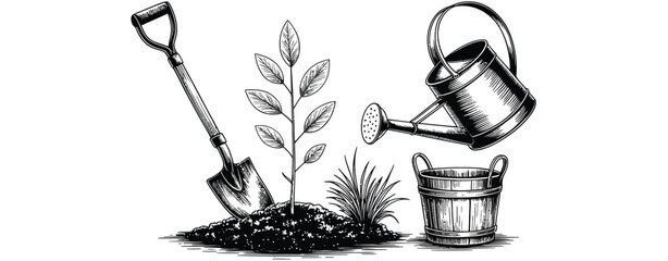 Hand drawn illustration of gardening tools and a young plant