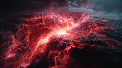 Fototapeta premium Glowing red lava flows across a dark, textured landscape under a stormy night sky. Intense heat and energy are depicted.