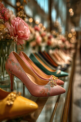 Boutique de luxe avec chaussures pour femme élégantes exposées en vitrine, style chic et raffiné, mode haut de gamme
