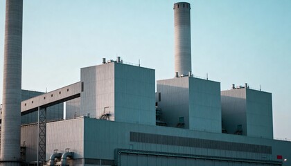 Power Plant Exterior with Smokestacks Emitting Power, Generating Energy and Fuel with Blue Sky Background