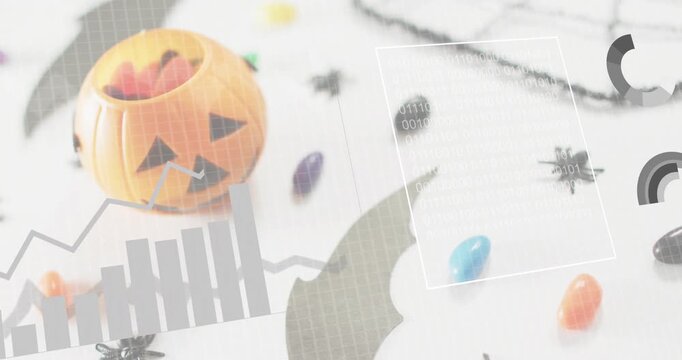 Frame one starting pie charts sliding over pumpkin bucket labels moving for showing data resetting