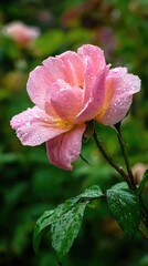 Obraz premium Delicate pink rose glistening with rain droplets