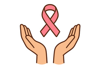 Pink ribbon in open hands vector icon. Breast cancer awareness month symbol for October. Concept of hope, charity, and support for women's health medical campaign.