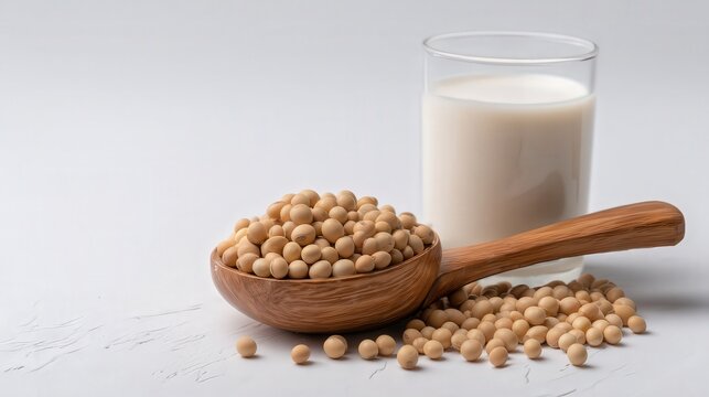 A wooden spoon holds a heap of soybeans beside a glass of creamy soy milk, This image is ideal for health food articles, vegan recipes, or nutrition blogs emphasizing plant-based diets,