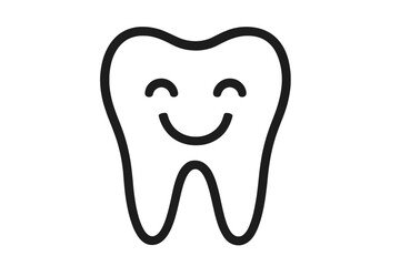 Smiling tooth character icon. Vector illustration for dental clinic logo. Concept of oral hygiene, stomatology and healthy teeth. Happy cute cartoon mascot for dentist.