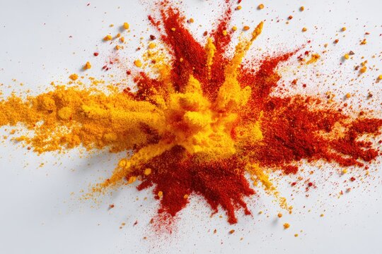Colorful spice powders explode on white background