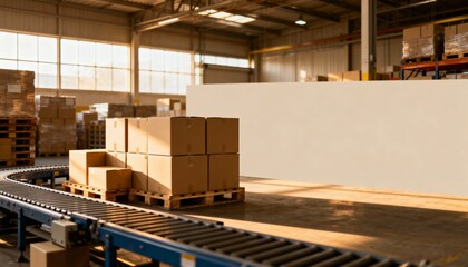 Warehouse Conveyor System: Pallets with Cardboard Boxes Awaiting Distribution, Modern Logistics and Distribution Center