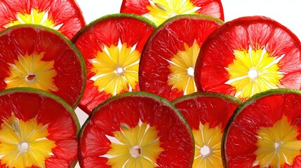 A vibrant arrangement of red and yellow fruit slices showcases their intricate textures and colors, perfect for use in food blogs, marketing materials, or healthy eating promotions,