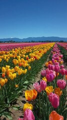 Colorful tulip field blooms under clear blue sky
