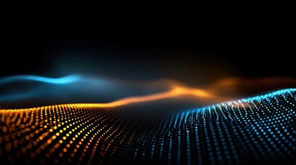 Dynamic Abstract Wave Background with Flowing Orange and Blue Particles, Ideal for Tech and Futuristic Designs
