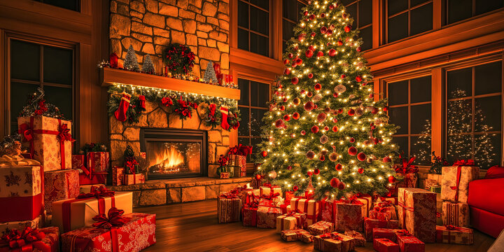 Wundersch&ouml;n geschm&uuml;ckter Weihnachtsbaum mit funkelnden Lichtern und Ornamenten, umgeben von Geschenken vor einem knisternden Kamin in einem gem&uuml;tlichen Wohnzimmer
