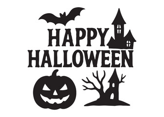 happy halloween logo silhouette vector, halloween vector logo illustration, halloween banner silhouette vector logo, spooky night halloween design logo silhouettes vector on white background. 