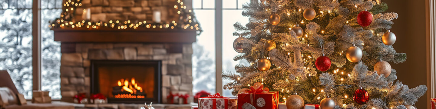 Wundersch&ouml;n geschm&uuml;ckter Weihnachtsbaum mit funkelnden Lichtern und Ornamenten, umgeben von Geschenken vor einem knisternden Kamin in einem gem&uuml;tlichen Wohnzimmer