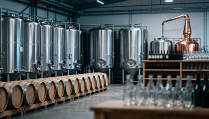 Distillery Interior with Stainless Steel Tanks, Copper Still, and Wooden Barrels for Alcohol Production