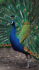 Peacock shows off bright feathers outdoors