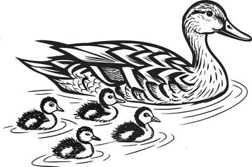 Obraz premium Black and white illustration of a mother duck and three ducklings swimming animal bird