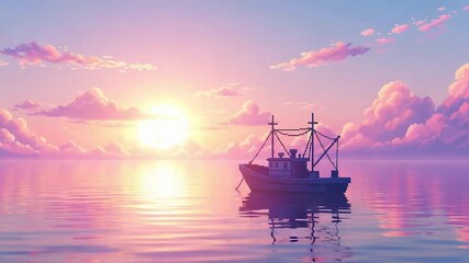 Sunlit fishing boat silhouette on calm pastel ocean at serene pink sunset over horizon. - Powered by Adobe