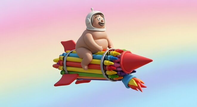 Astronaut riding a crayon rocket ship with a colorful background.
