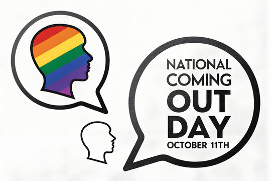 National Coming Out Day graphic with speech bubbles and rainbow-filled head silhouette, symbolizing LGBTQ+ pride, identity, and the power of open expression. generative ai