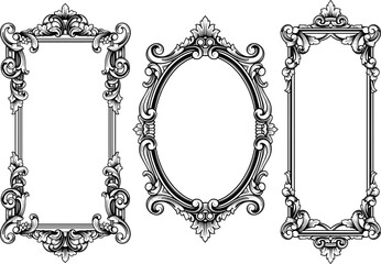 Ornate vintage decorative frames, baroque scrollwork borders, elegant floral embellishments, antique vector illustration, classic engraving style, retro label design, certificate template elements