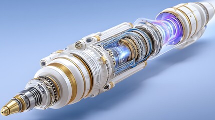 3D Render of Futuristic White and Gold Engine Cutaway Showing Internal Mechanisms and Energy Flow