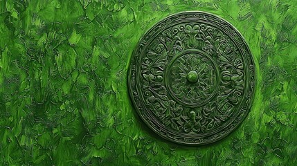 Obraz premium An intricately carved, circular medallion, dark-green in color, rests on a textured, similarly hued background. The medallion displays a complex, symmetrical design