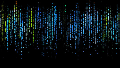 Abstract digital data streams of information, featuring glowing lines of green and blue on a black background. The lines of data move vertically like a waterfall.